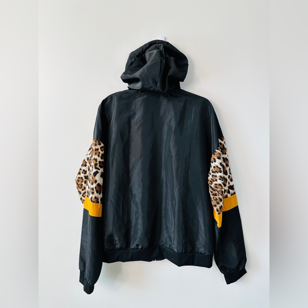 Black & Leopard Print Windbreaker Hooded Track Jacket With Pockets Size L - Picture 7 of 11